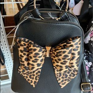 Black Grossi backpack purse leopard print bow with 2 zip sections 1 snap on top